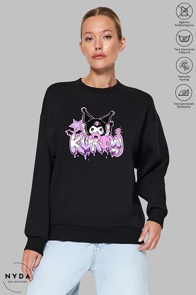 Nyda Collections Women's Long Sleeve Anime Kuromi Printed Crew Neck Hoodless Raster Oversize Sweatshirt