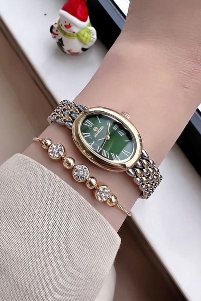 Homies Gold Silver Color Waterproof Women's Wristwatch - Oval Case, Steel Band + Bracelet Hmby2048C2