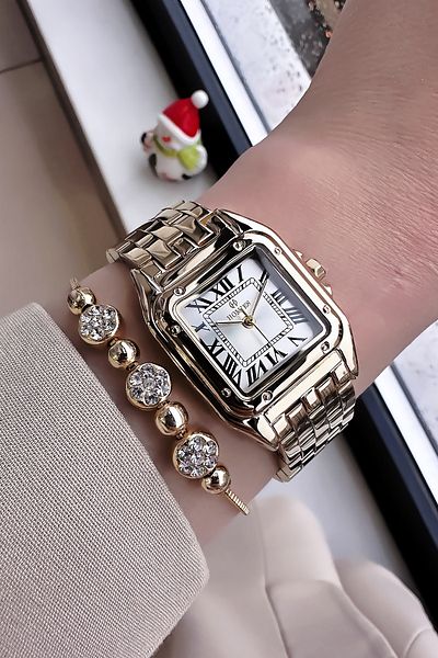 Homies Gold Color Waterproof Women's Wristwatch - Square Case, Steel Band and Bracelet Hmby2047C3