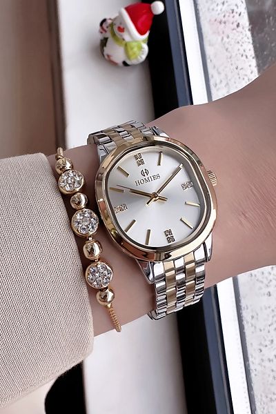 Homies Special Boxed Oval Case Women's Wristwatch Waterproof Gold Silver Color Steel Band +Bracelet Hmby2043C1