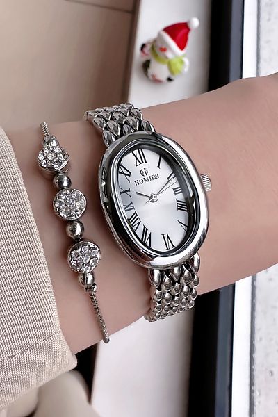 Homies Waterproof Silver Women's Wristwatch - Oval Case, Steel Band + Bracelet Hmby2048C4