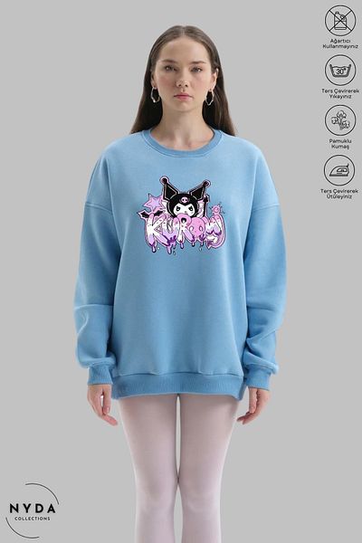Nyda Collections Women's Long Sleeve Anime Kuromi Printed Crew Neck Hoodless Raster Oversize Sweatshirt