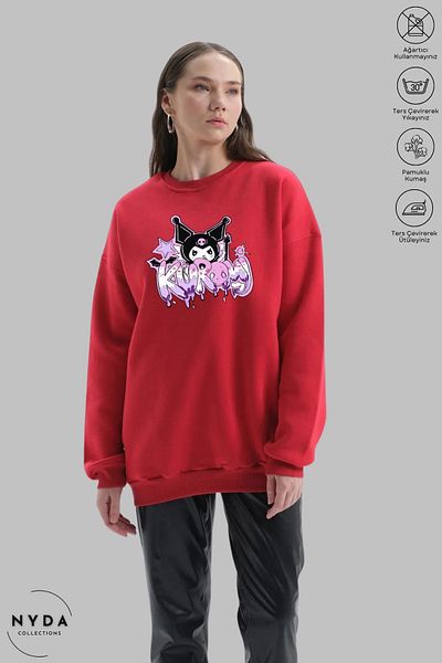 Nyda Collections Women's Long Sleeve Anime Kuromi Printed Crew Neck Hoodless Raster Oversize Sweatshirt
