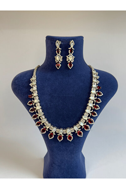 Silver 925 Ayar Gümüş Kırmızı Zümrüt Kolye Seti