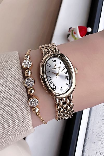 Homies Gold Color Waterproof Women's Wristwatch - Oval Case, Steel Band + Bracelet Hmby2048C1