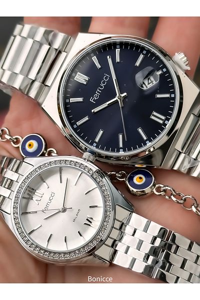 Ferrucci Brand Silver Color Steel Band, Navy Blue Dial, Lover Couple Watches + Rosary Bracelet