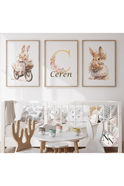 NN DECOR İsme Özel Tavşan Figürlü 3'lü Set - Doğal Ahşap Çerçeveli, Kız Bebek ve Çocuk Odası Tablosu