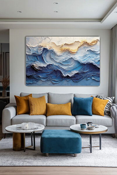 Arkeot Mavi Dalgalar Kanvas Duvar Tablosu Dekoratif Manzara Salon Oturma odası antre dekor Büyük