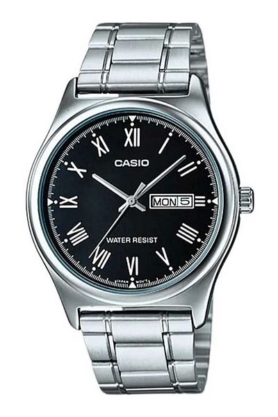 Casio ساعة يد رجالية فضية اللون باللون الأسود