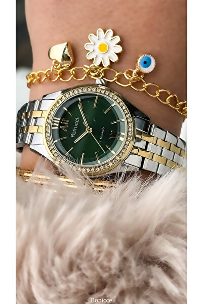 Ferrucci قرص فضي أصفر أخضر - ساعة يد نسائية بسوار فولاذي 32 ملم مع هدية