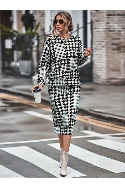 Viyamo Women's Long Sleeve Crew Neck Raised Diving Blouse and Slit Midi Skirt Suit