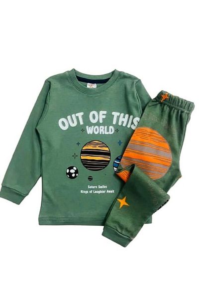 elmas kids Boys' 100% Cotton Crew Neck Long Sleeve Green Planet Print Pajamas Set