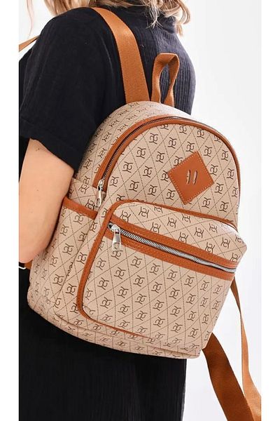 truvalıhelen Patterned Women's Backpack with Pockets and School Handles Length Adjustable Mink Tan