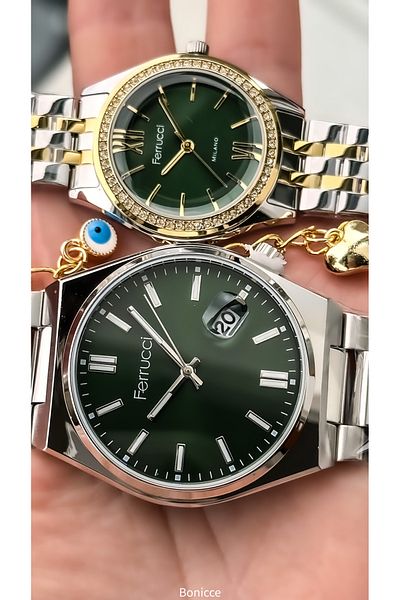 Ferrucci Brand Silver Yellow Color Steel Band, Green Dial, Lover Couple Watches + Rosary Bracelet