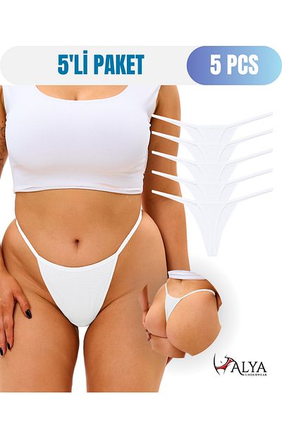 ALYA UNDERWEAR Women's Drawstring Thong Briefs - 5 Pcs White String Lingerie