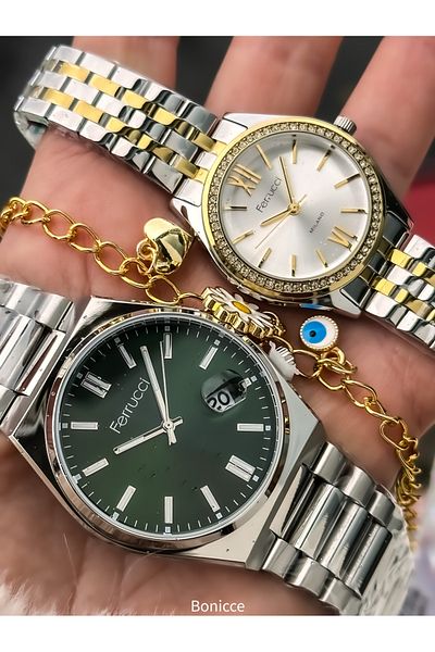 Ferrucci Brand Silver Yellow Color Steel Band, Green Dial, Lover Couple Watches + Rosary Bracelet