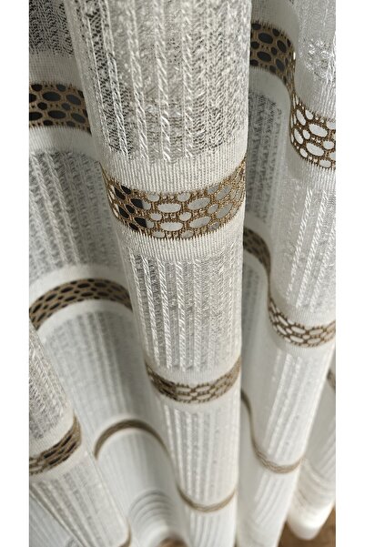 Yuka Kahve Şeritli Parlak Çelik Örme Tül Perde 1/3 Sık Pile Kırışmaz Ütü Istemez