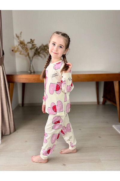 HNKİDS Heart Print Detailed 100% Cotton Seasonal Girls' Pajama Set Koçak Kids
