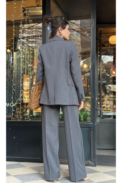 npopicom Ceket Yelek Palazzo Pantolon 3 lü Takım Elbise Çizgili Füme
