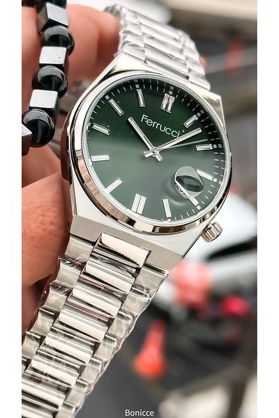 Ferrucci Men's Wrist Watch and Bracelet Rosary - Silver Color, Steel Band, Green Dial, with Calendar Gift