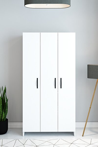 izcodesign Beyaz 3 Kapaklı Raflı ve Askılıklı Gardırop – Modern Fonksiyonel Dolap | Kıyafet ve Depolama Dolabı