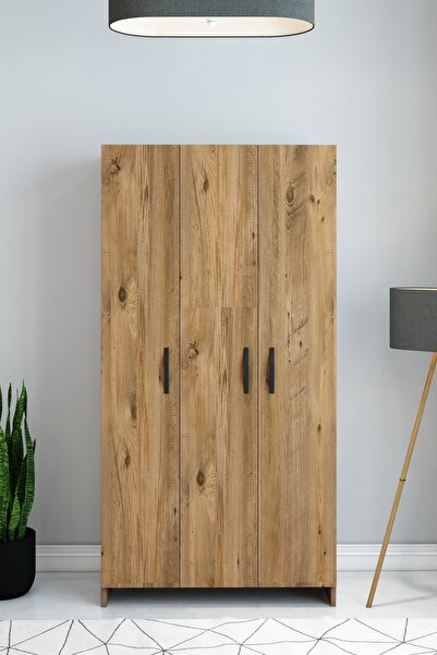 izcodesign Atlantik Çam 3 Kapaklı Raflı ve Askılıklı Gardırop – Modern Fonksi...