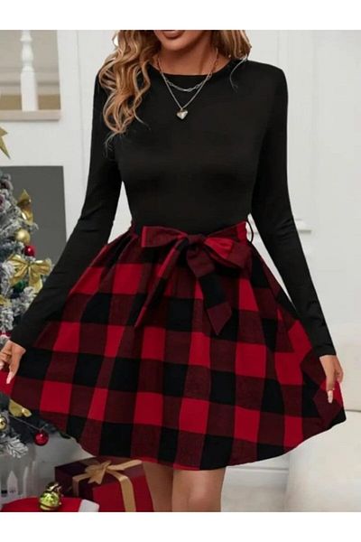 Kokosh moda Γυναικείο μακρυμάνικο μπλουζάκι με λαιμόκοψη από βισκόζη καρό κοντό φόρεμα