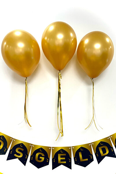Azebu Hoşgeldin Ramazan Yazısı + 3 Gold Metalik Balon + Metalik Balon İpi Süs...
