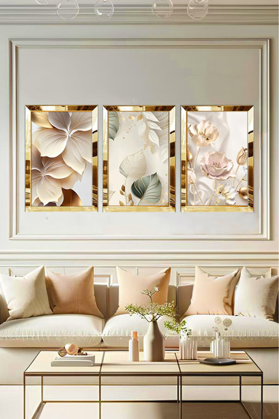 YOKTAYOK Pleksi Çerçeveli Altın Yaprak Tablo 3lü