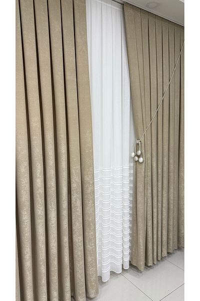 Fon Dünyası Velvet Textured Luxury Background Curtain Beige Tight Pleat (Single Wing)