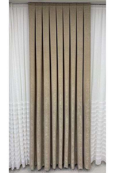 Fon Dünyası Velvet Textured Luxury Background Curtain Beige Tight Pleat (Single Wing)