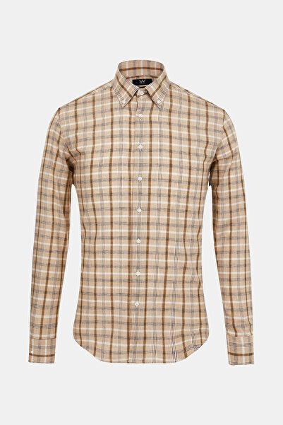 W Collection BEJ BEYAZ KETEN EKOSE GÖMLEK