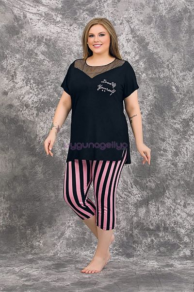 quilling Black Color and Striped 10719 Women's Cotton Big Size Leggings and Capri Mother Pajamas Set