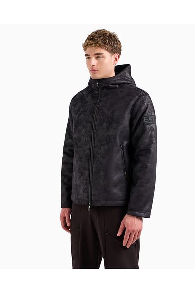 EA7 Men's Antique Patterned Wool Inside Hooded Black Jacket 6Dpba5 Pn54Z-1200