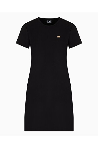 EA7 Ελαστικό βαμβακερό ζέρσεϊ - Γυναικείο κοντομάνικο μαύρο φόρεμα με στρογγυλή λαιμόκοψη 7W 000084   AF12484-UC001