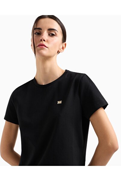 EA7 Ελαστικό βαμβακερό ζέρσεϊ - Γυναικείο κοντομάνικο μαύρο φόρεμα με στρογγυλή λαιμόκοψη 7W 000084   AF12484-UC001