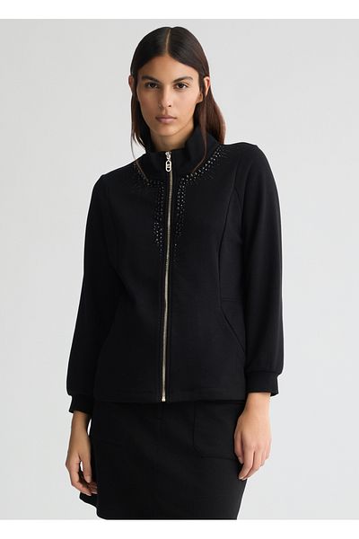 Liu Jo Women's Black Jacket with Stone Detail - Regular Fit, Stand Collar, Zip-Up Ta5188Fs002-22222
