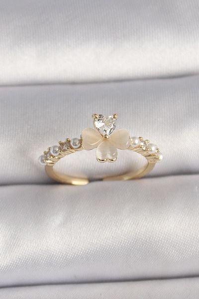 Skygo Clover Model Pearl Detail Adjustable Ring on White Enamel with Zircon Stone - Tj-Byk3551