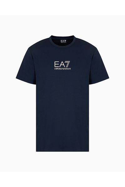 EA7 Tricou albastru slim pentru bărbați - gât rotund, contrast placat cu aur, logo EA7 7M 000301   AF13739-UB10
