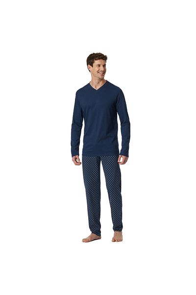 Schiesser Herren Schlafanzug, lang - Casual Essentials, Baumwolle, V-Ausschnitt