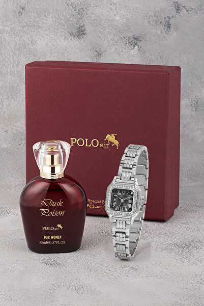 Polo Air Kadın Kol Saati Ve Parfüm Seti Bordo Hediyelik Kutsunda Kombin Gümüş...