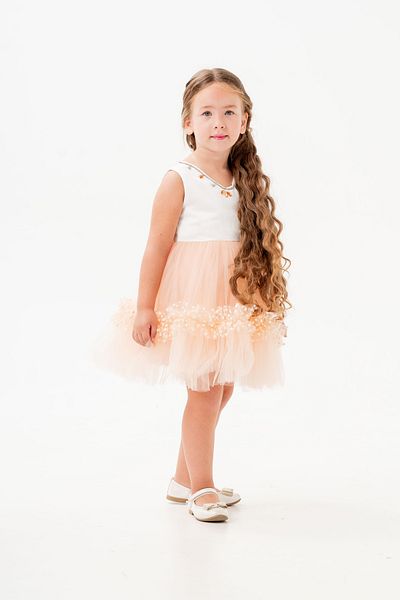 Eray Kids Πέτρινο Κεντημένο Φιόγκο Λεπτομερής Φούστα Βολάν Τούλι Παιδικό Βραδινό Φόρεμα