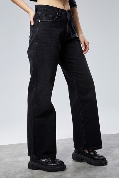 CEDY DENIM Pantaloni de jeans din bumbac cu talie înaltă Palazzo de înaltă calitate-negri