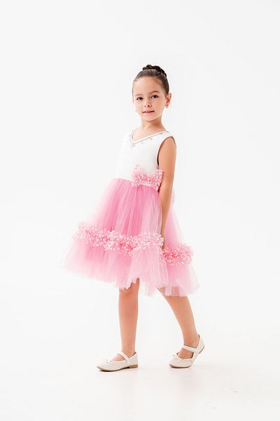 Eray Kids Πέτρινο Κεντημένο Φιόγκο Λεπτομερής Φούστα Βολάν Τούλι Παιδικό Βραδινό Φόρεμα