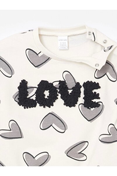 LC Waikiki Lcw Baby Ecru Crew Neck Printed Baby Girl Sweatshirt and Leggings 2Pcs