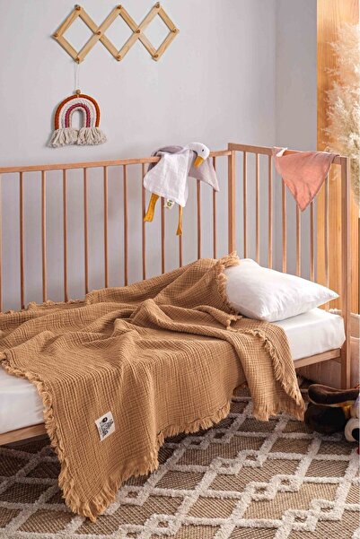 Kibele Kahve 4 Katlı Müslin Püsküllü Bebek & Çocuk Battaniyesi %100 Pamuk 110...