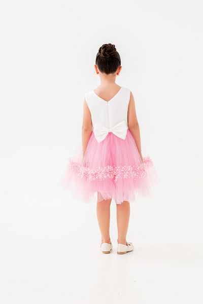Eray Kids Πέτρινο Κεντημένο Φιόγκο Λεπτομερής Φούστα Βολάν Τούλι Παιδικό Βραδινό Φόρεμα