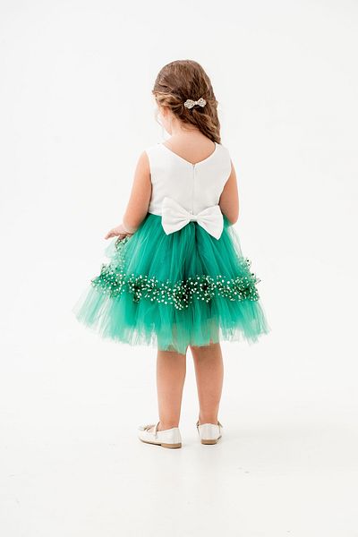 Eray Kids Πέτρινο Κεντημένο Φιόγκο Λεπτομερής Φούστα Βολάν Τούλι Παιδικό Βραδινό Φόρεμα