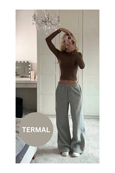 ADORRA34 Kadın Termal Içi Şardonlu Tam Boy Uzun Kollu Bluz Mocha Mouse Koyu K...