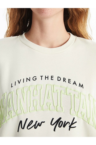 LC Waikiki Γυναικείο χοντρό φούτερ Xside Beige Crew Neck με στάμπα Oversize